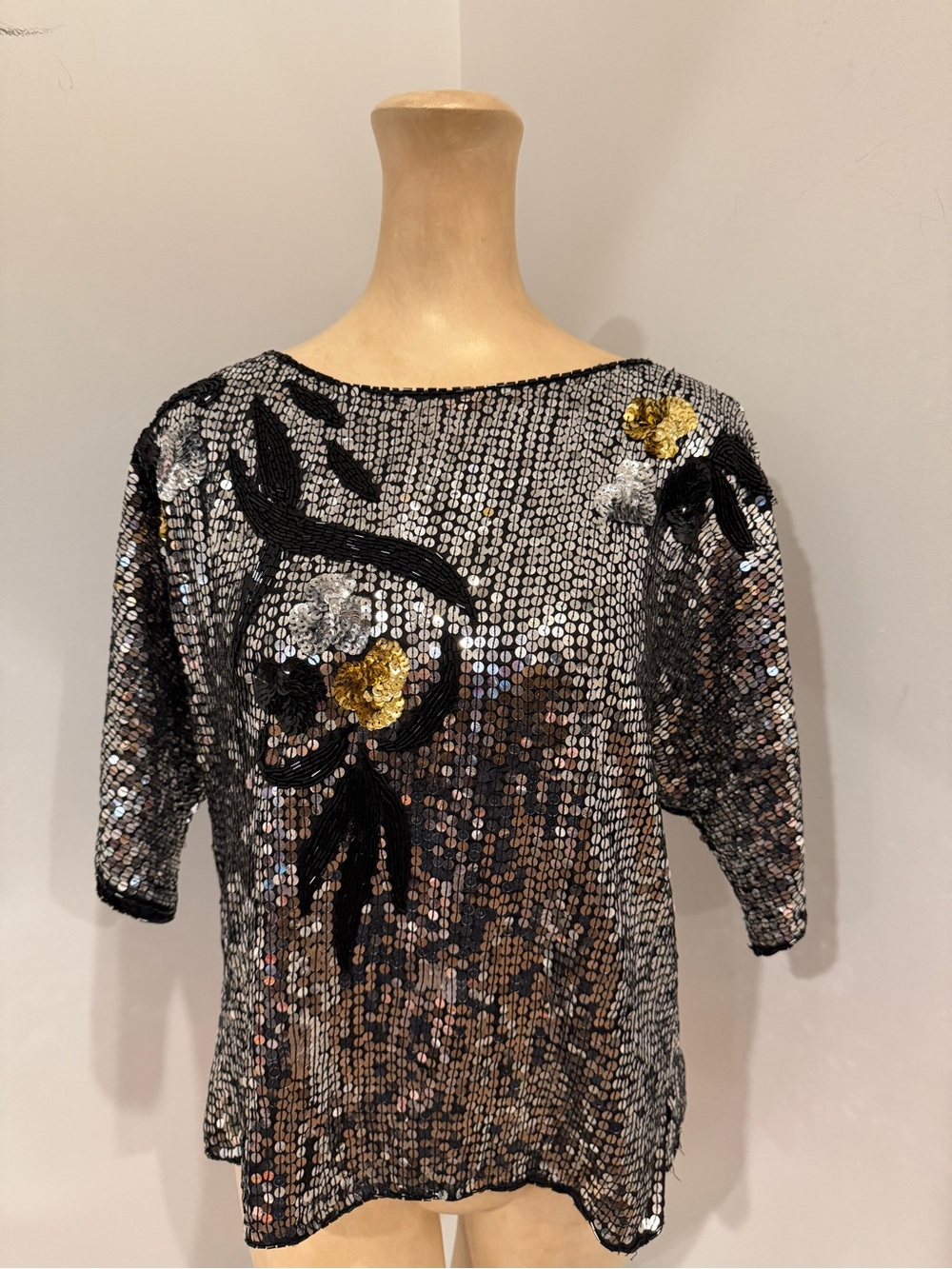 Vintage Silver Sequin Floral-Embellished Women's Top 1980s